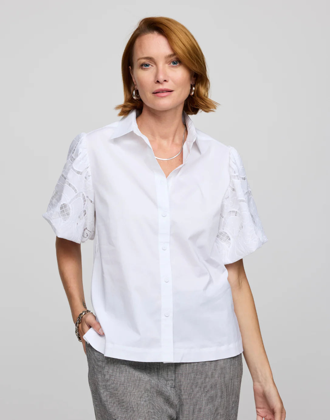 Angelina Elbow Sleeve Embroidered Eyelet Shirt in White