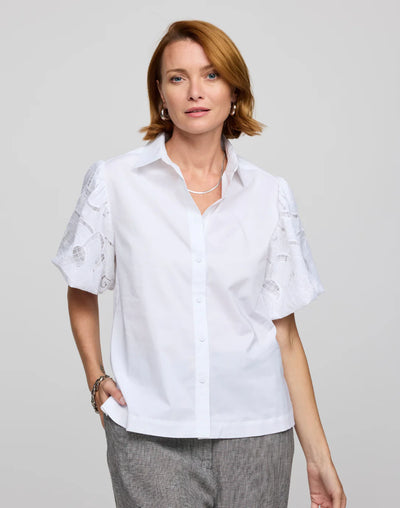 Angelina Elbow Sleeve Embroidered Eyelet Shirt in White