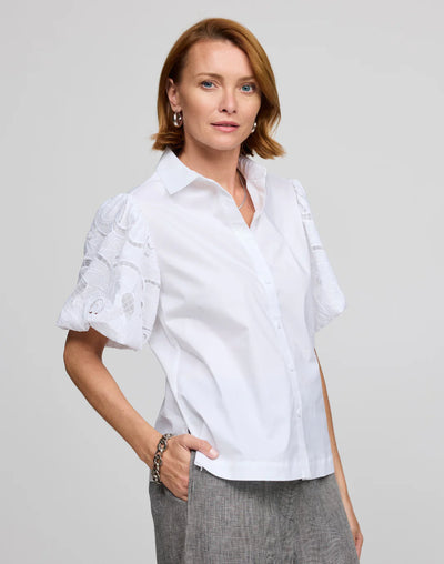 Angelina Elbow Sleeve Embroidered Eyelet Shirt in White