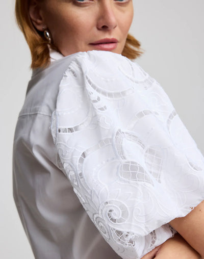 Angelina Elbow Sleeve Embroidered Eyelet Shirt in White