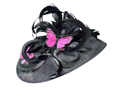 Large Black Fascinator with Pink Butterflies