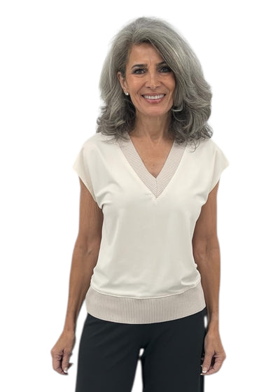 Matte Jersey Rib V-Neck Top in Bone