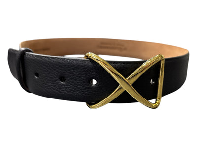 Pebbled Calf Belt with Gold X Buckle in Black