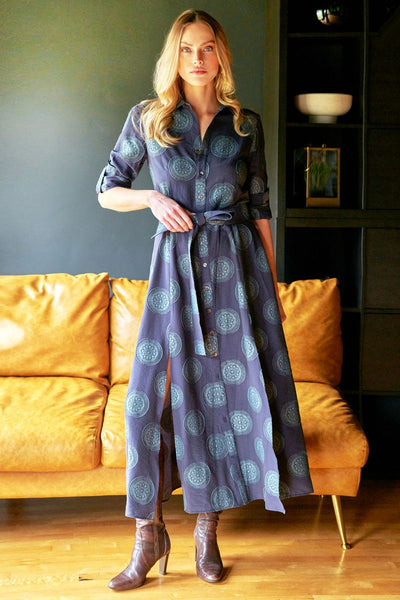 Laine Medallion Jacquard Dress in Navy/Teal