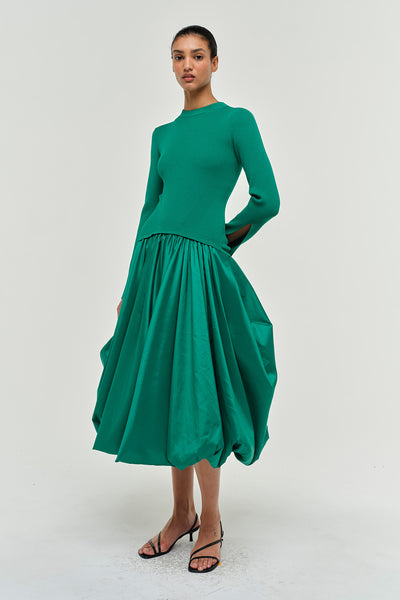 Kenlie Taffeta Knit Midi Dress in Kelly Green