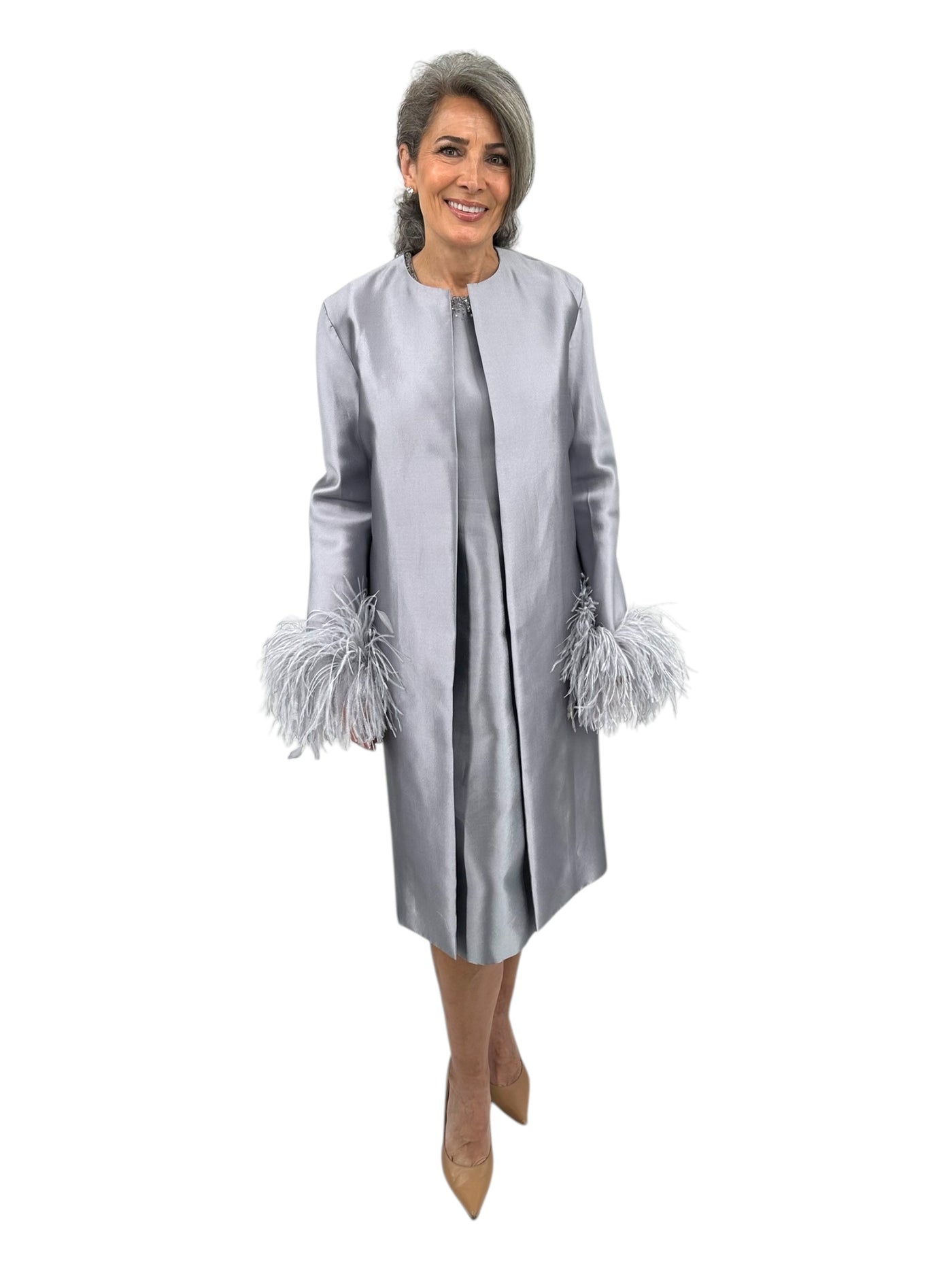 Martha Jacket With Boa Cuff (Ostrich Feathers) Platinum Silk Razimir