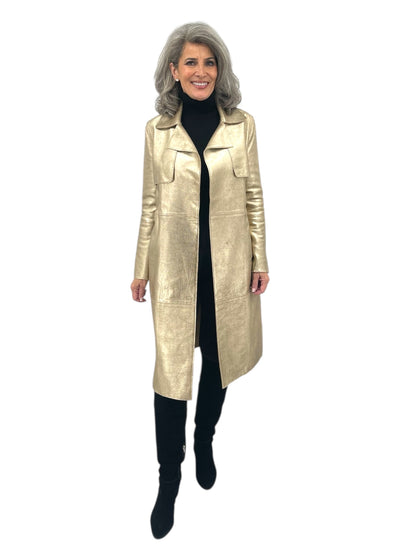 Notch Collar Metallic Suede Trench Coat in Gold