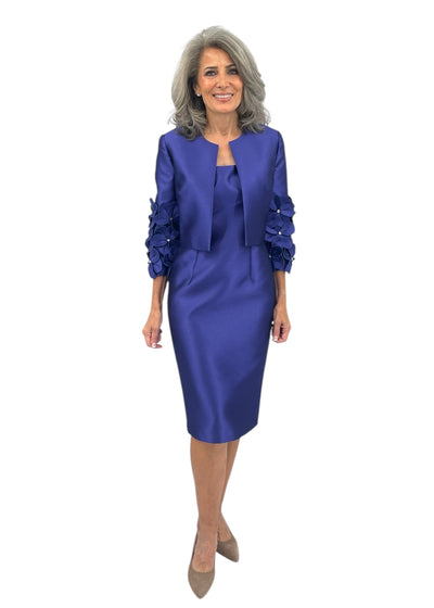 3D Floral appliqué jacket and dress set in Amethyst