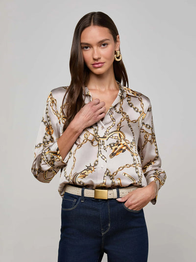 Dani Silk Blouse in Smoke Grey/Gold Long Horn Chain