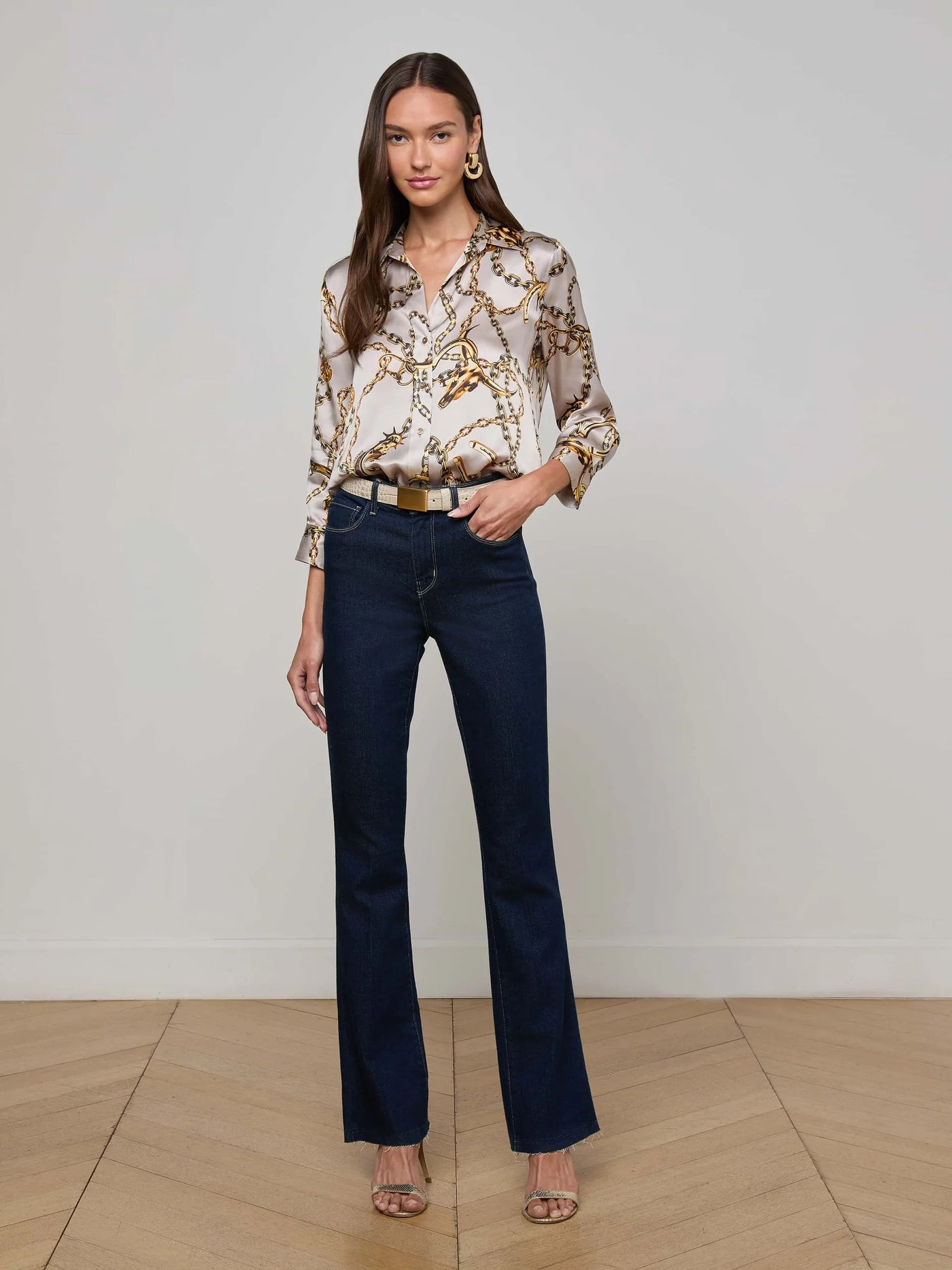 Dani Silk Blouse in Smoke Grey/Gold Long Horn Chain