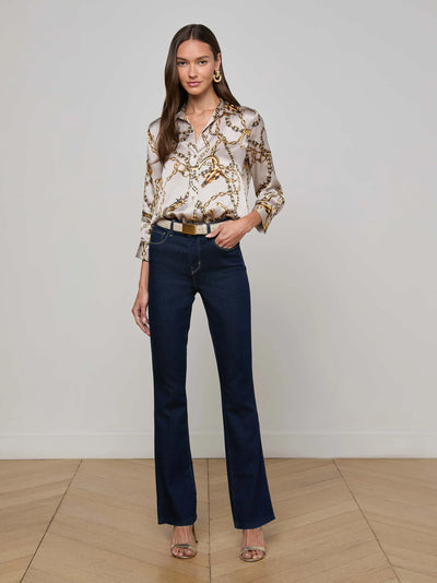 Dani Silk Blouse in Smoke Grey/Gold Long Horn Chain