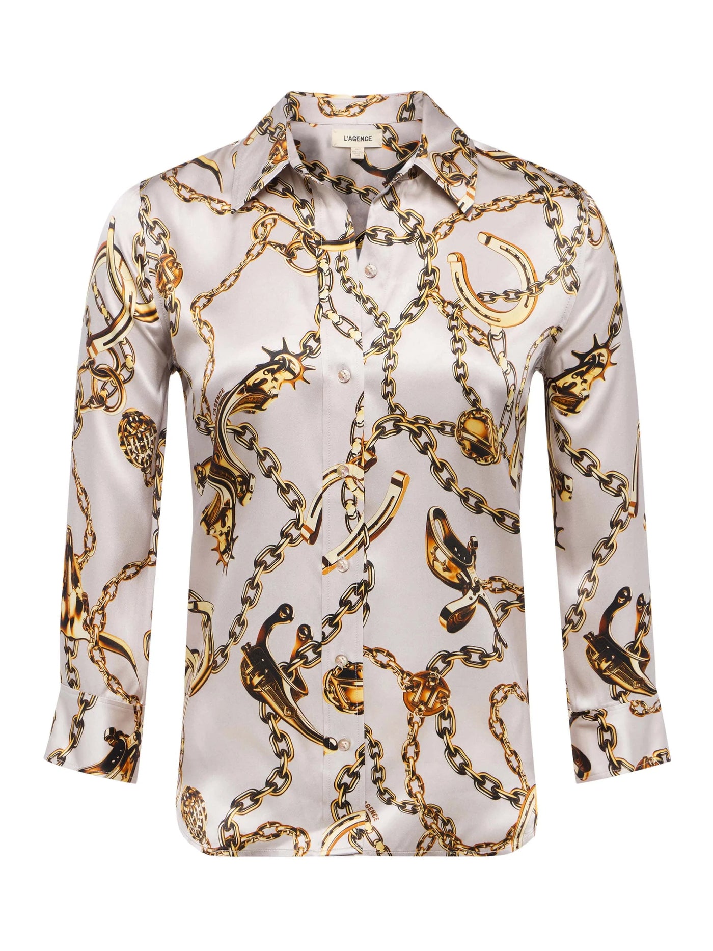 Dani Silk Blouse in Smoke Grey/Gold Long Horn Chain