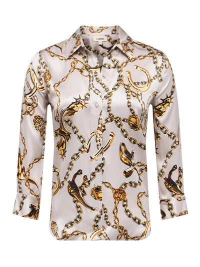 Dani Silk Blouse in Smoke Grey/Gold Long Horn Chain