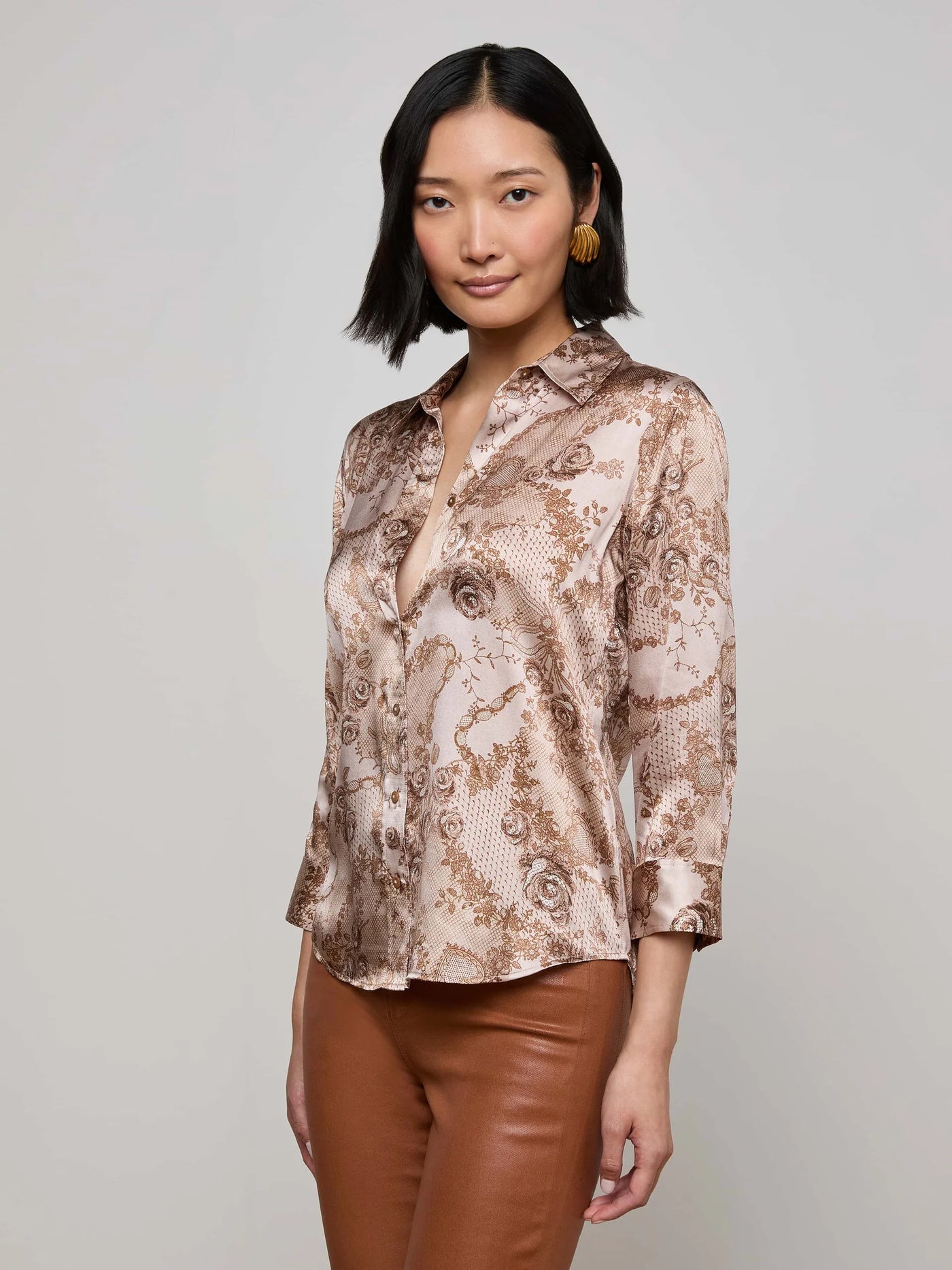 Dani Silk Blouse in Toasted Almond Lace Print