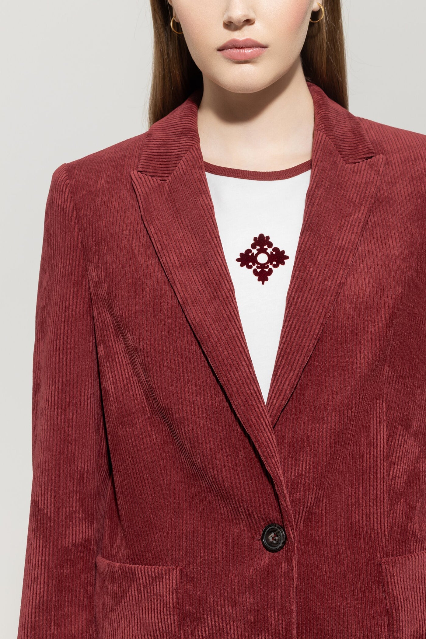 Corduroy One Button Blazer in Berry Red