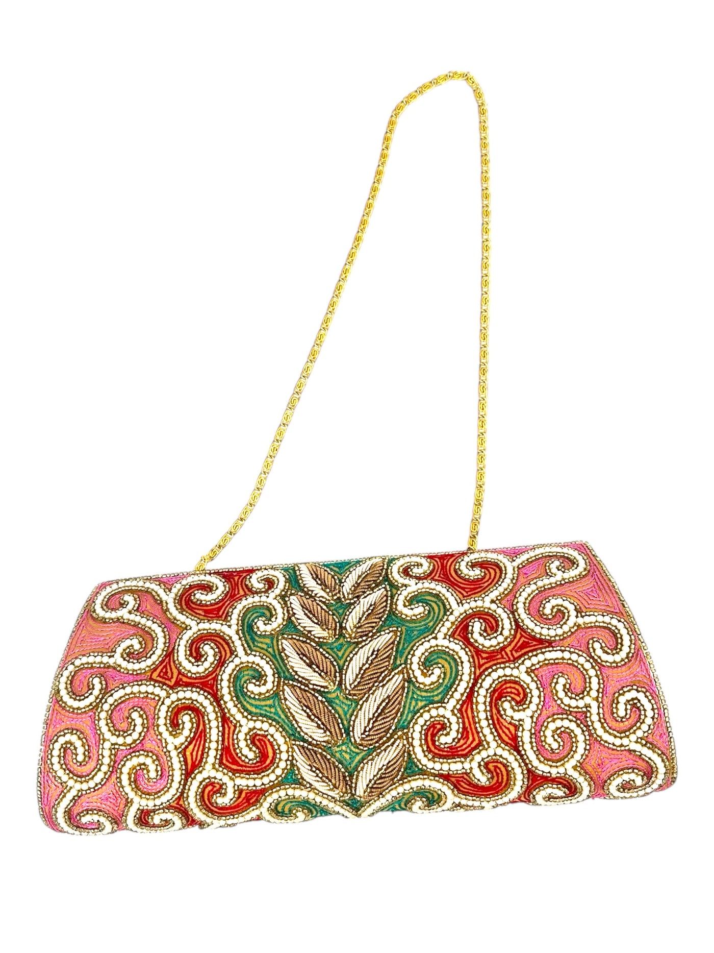 Swirl Beaded Clutch in Pink/Teal/Ivory