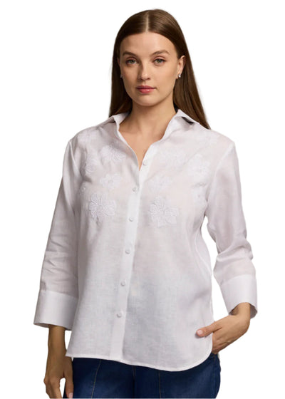 Margot 3/4 Sleeve Embroidered Linen Blouse in White