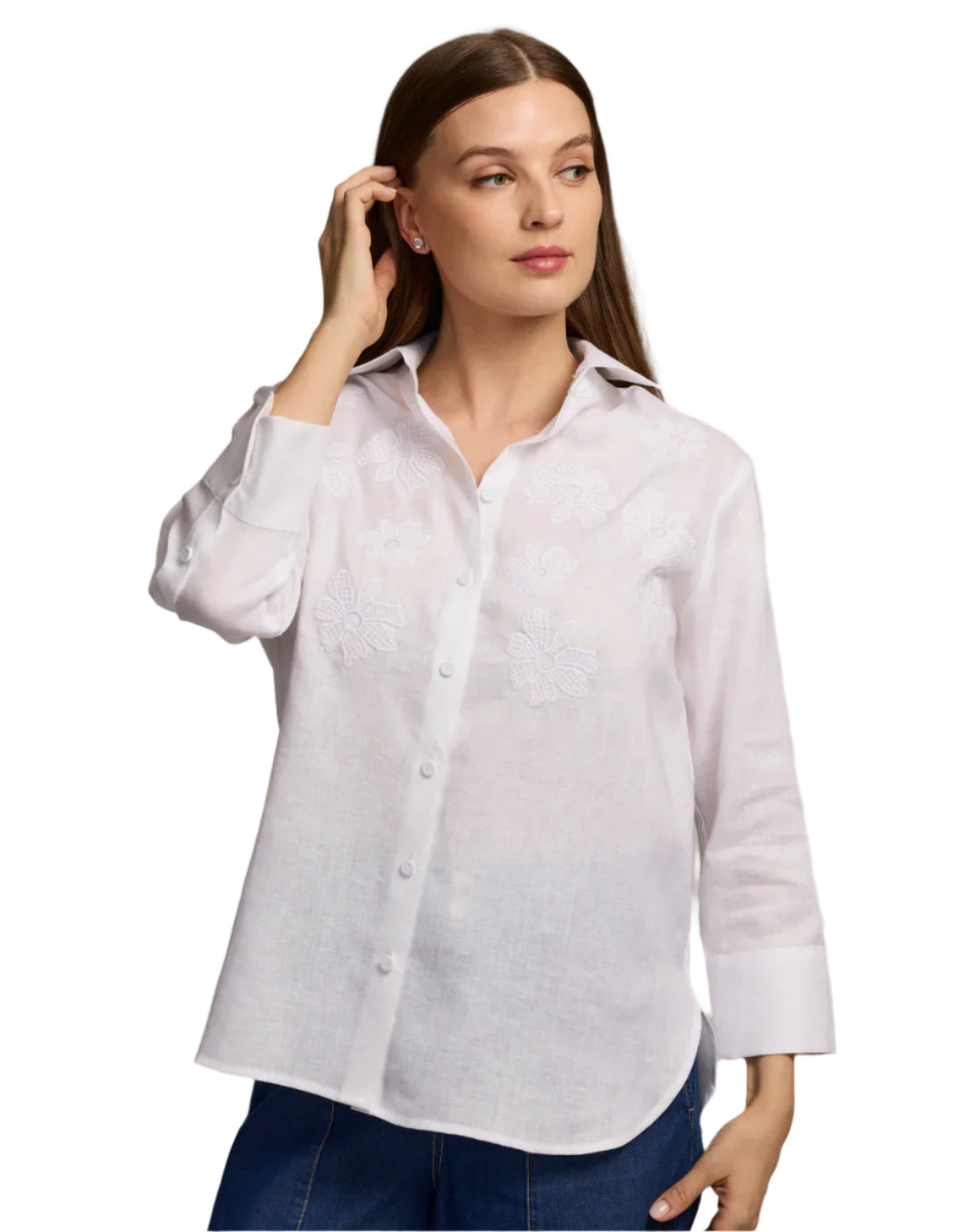 Margot 3/4 Sleeve Embroidered Linen Blouse in White