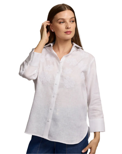 Margot 3/4 Sleeve Embroidered Linen Blouse in White