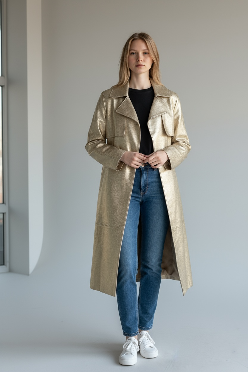 Notch Collar Metallic Suede Trench Coat in Gold