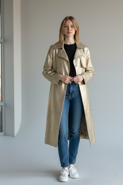 Notch Collar Metallic Suede Trench Coat in Gold