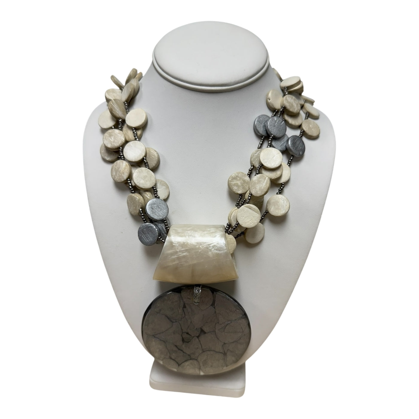 Wood Disc Strand Pendant Necklace - Silver/Cream