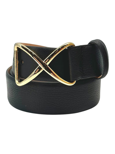 Pebbled Calf Belt with Gold X Buckle in Black