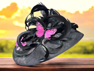 Large Black Fascinator with Pink Butterflies