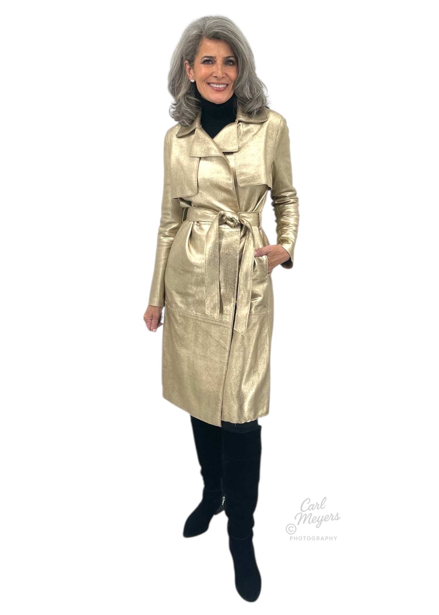 Notch Collar Metallic Suede Trench Coat in Gold