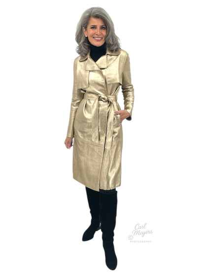 Notch Collar Metallic Suede Trench Coat in Gold