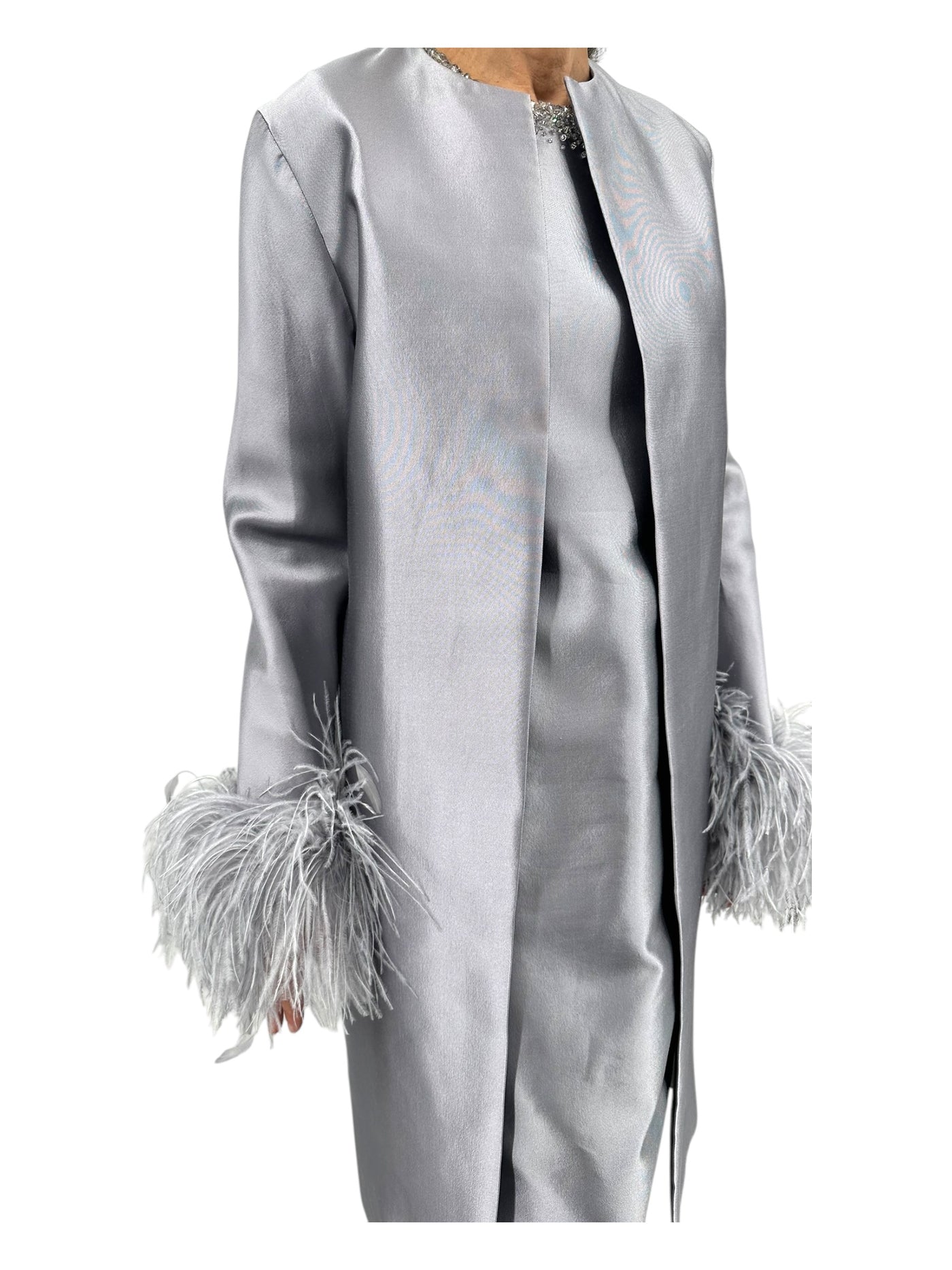 Martha Jacket With Boa Cuff (Ostrich Feathers) Platinum Silk Razimir