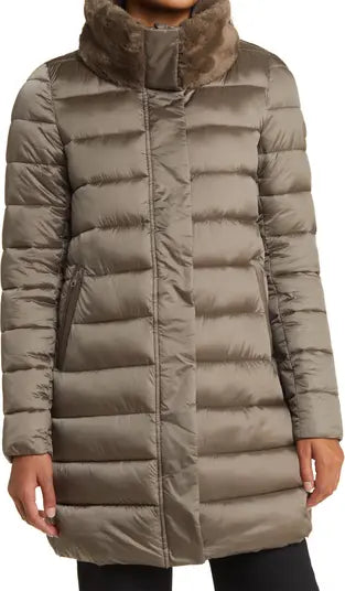 Dalea Puffer Coat with Faux Fur Collar in Mud Grey