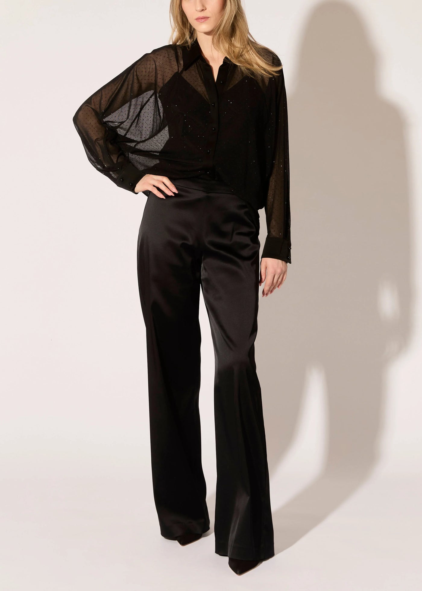 Stretch Satin Stovepipe Pants in Black