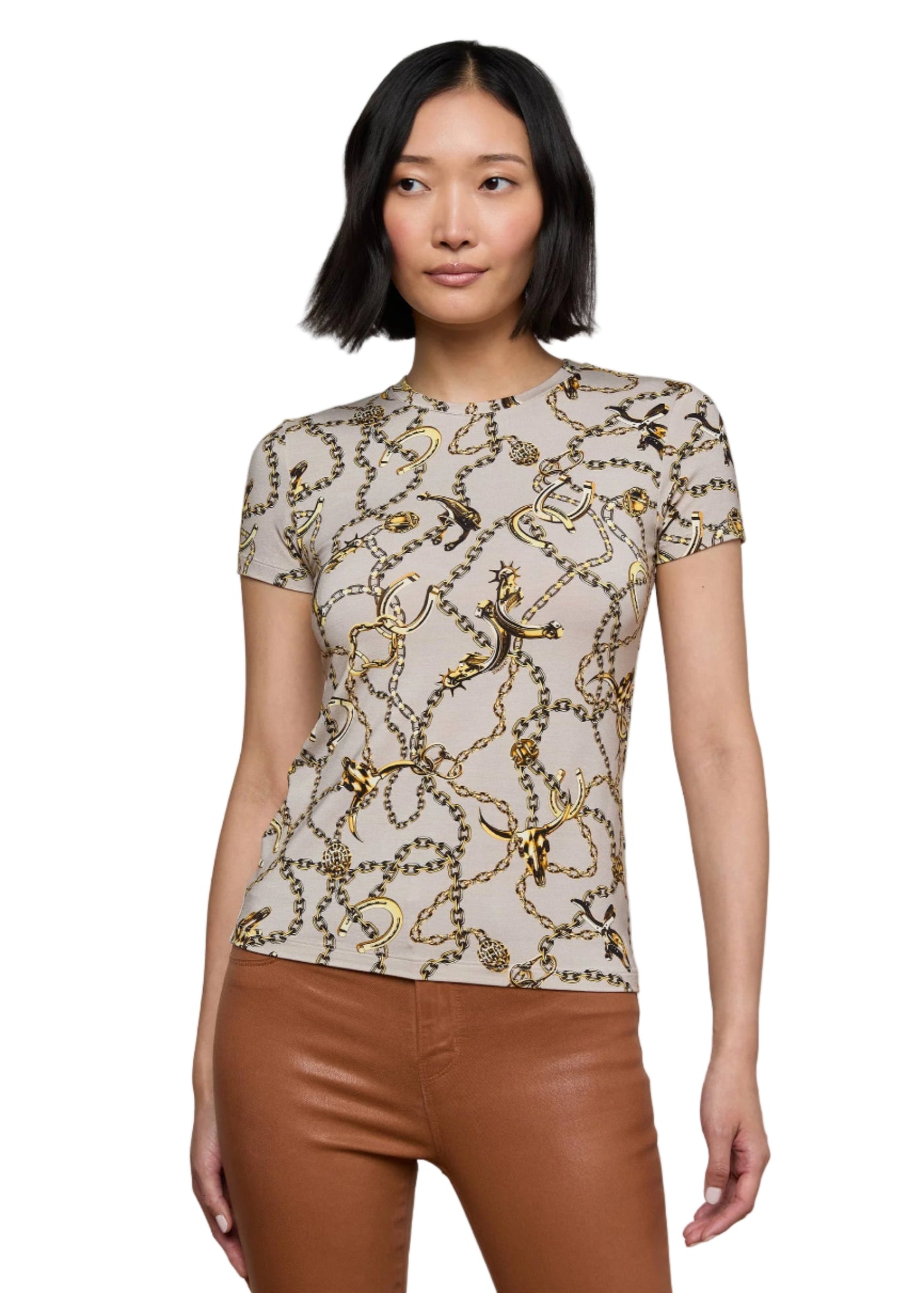 Ressi Fitted Tee in Smoke Grey/Gold Long Horn Chain