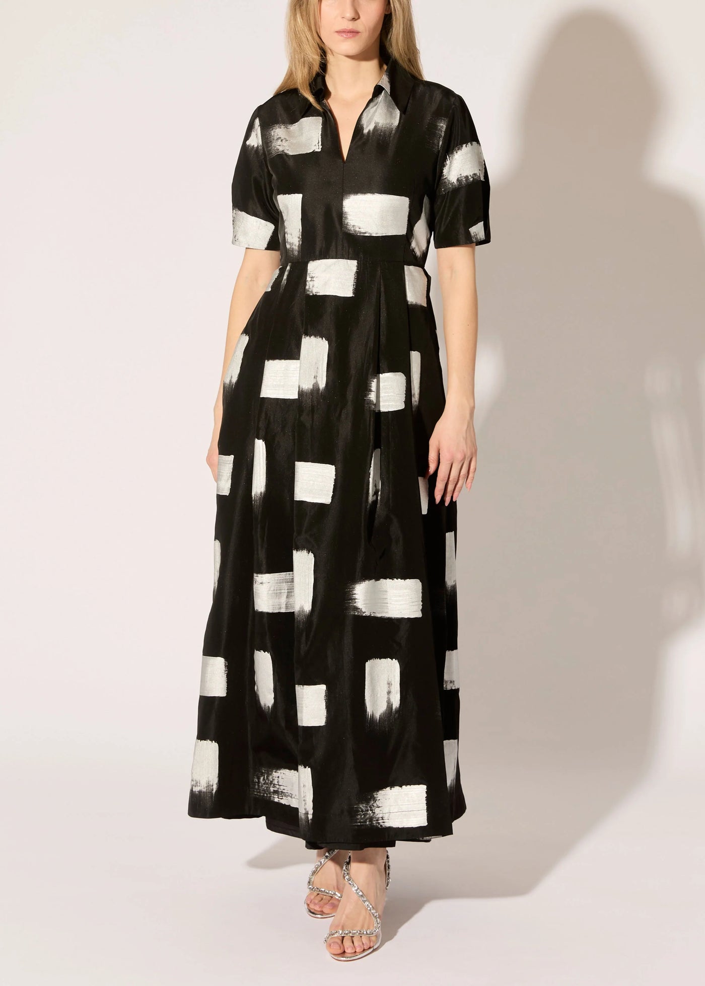 Brush Stroke Taffeta Maxi Dress in Black/Silver