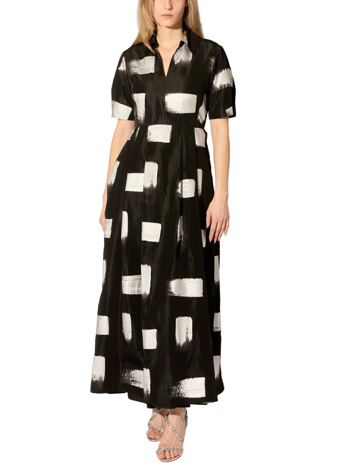 Brush Stroke Taffeta Maxi Dress in Black/Silver