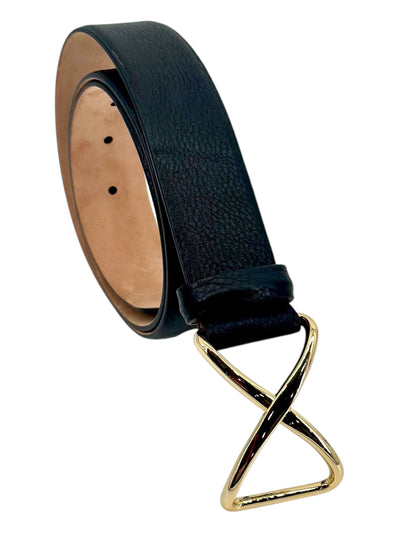 Pebbled Calf Belt with Gold X Buckle in Black