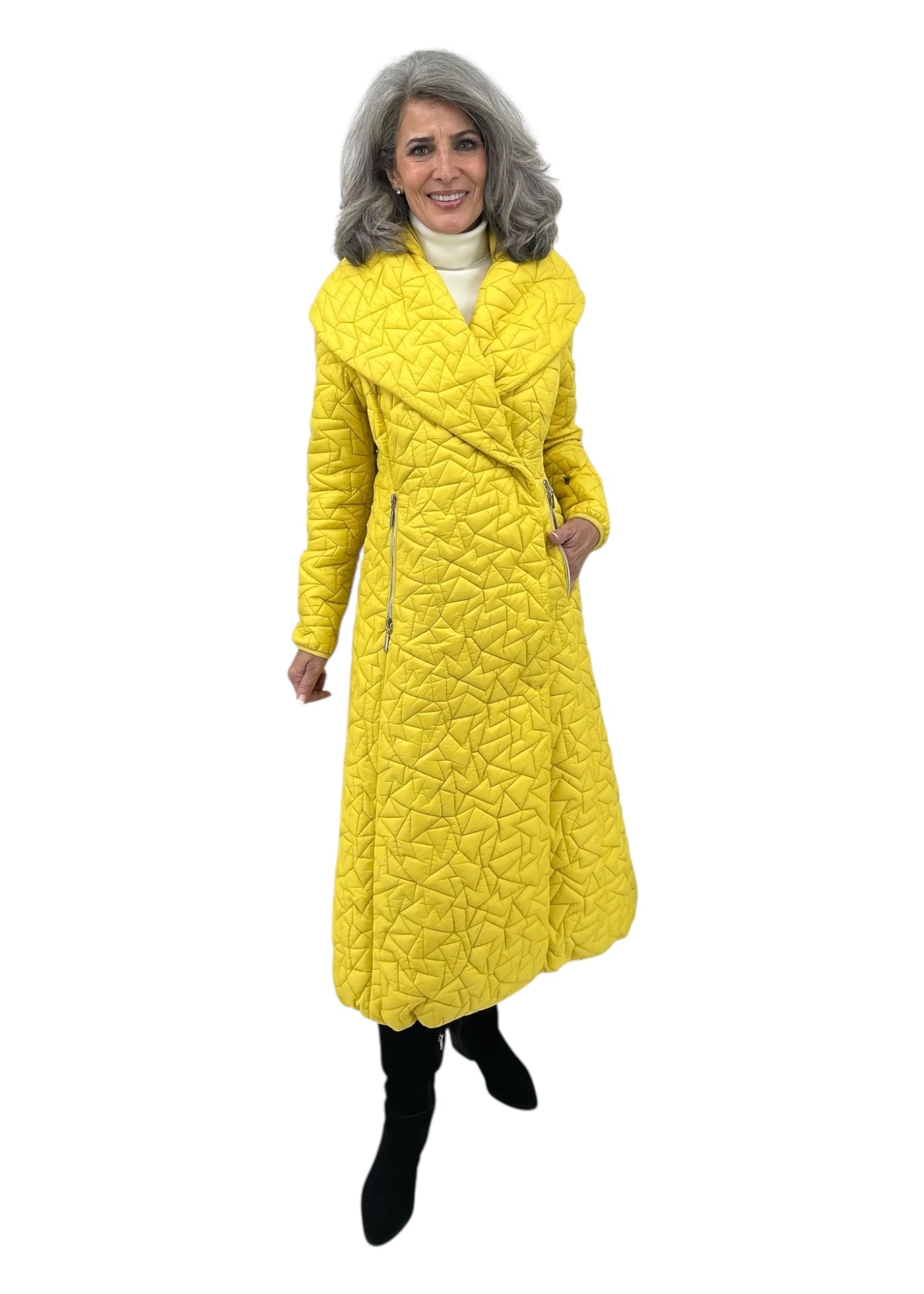 Queen Quilted Coat w/ Shawl Collar and Detachable Hood in Yellow