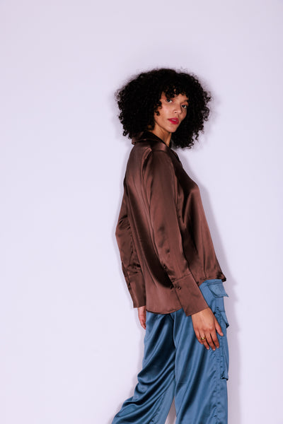 Daria French Cuff Silk Blouse in Coffee