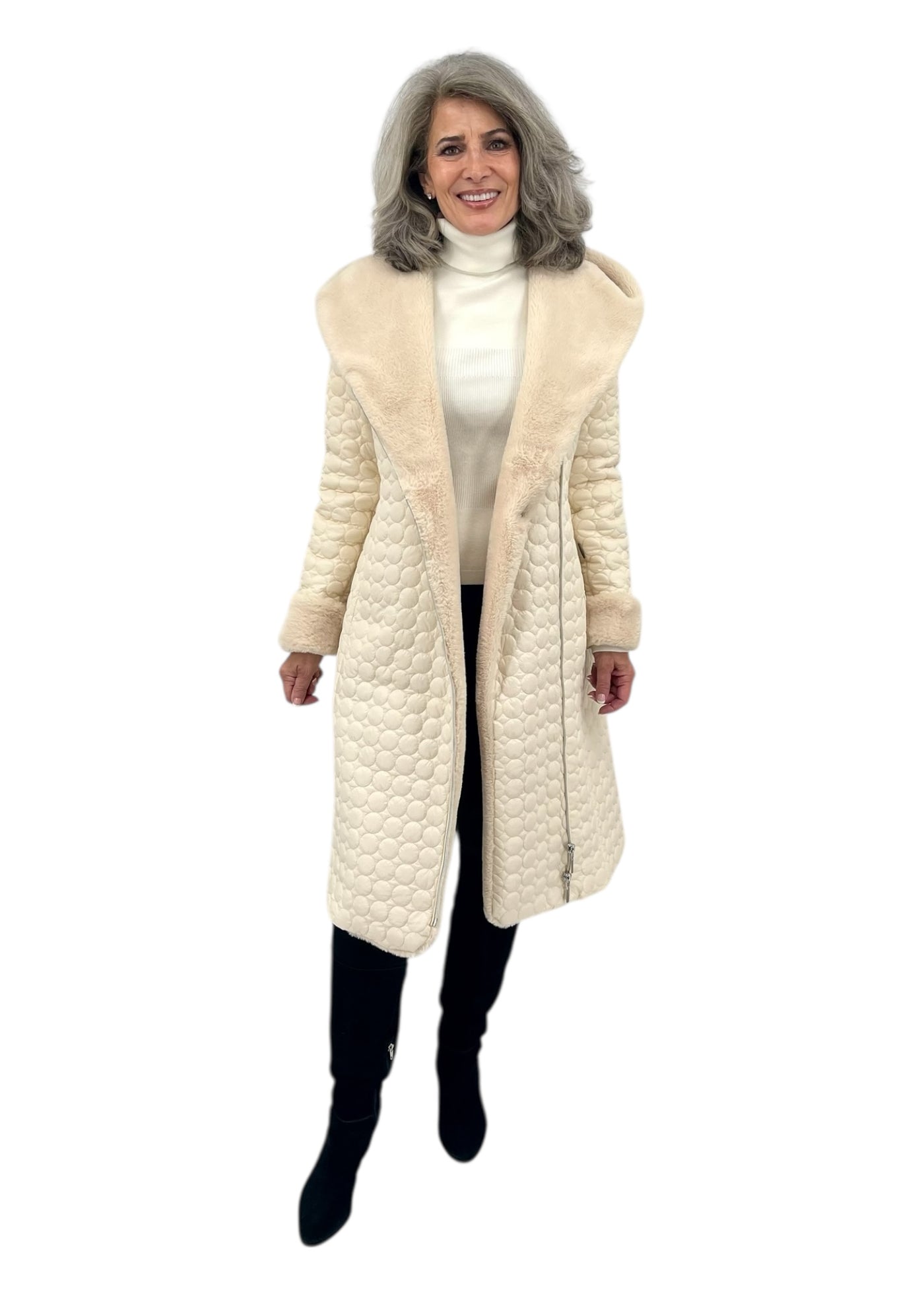 Jade Quilted Coat w/ Fur in Cream