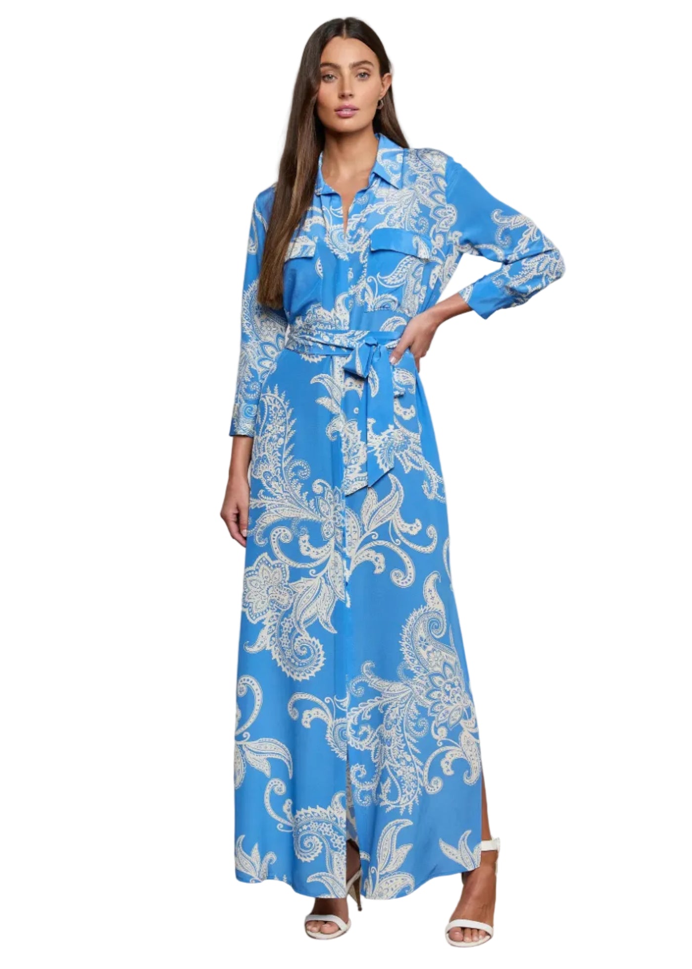 L'AGENCE Cameron Silk Shirt Dress In Regatta Blue/Ivory Large Paisley