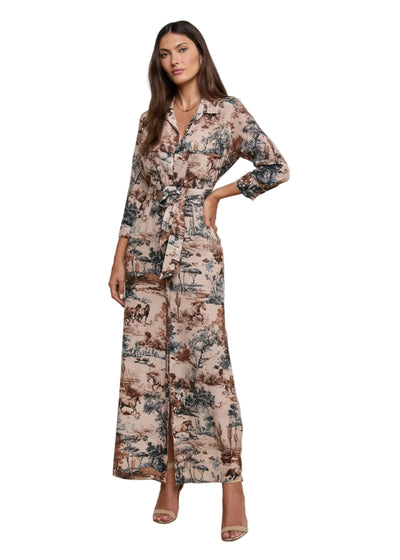 Cameron Silk Shirt Dress in Tan Multi Western Toile