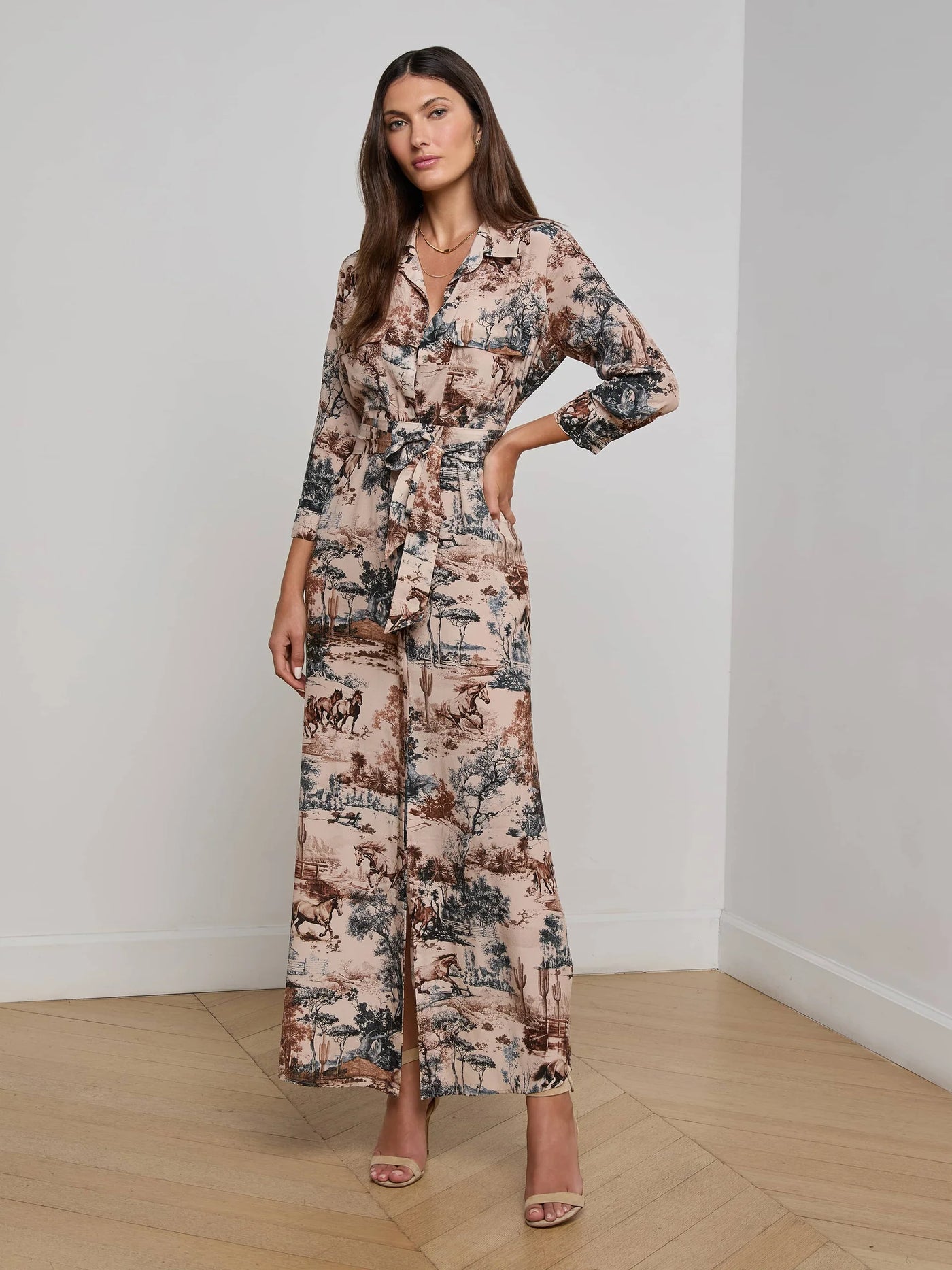 Cameron Silk Shirt Dress in Tan Multi Western Toile