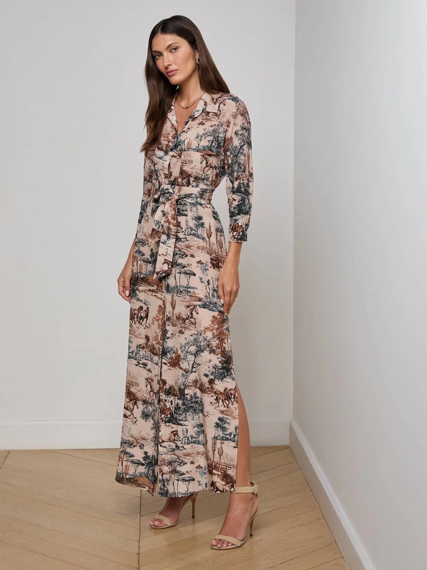 Cameron Silk Shirt Dress in Tan Multi Western Toile