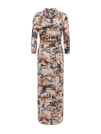 Cameron Silk Shirt Dress in Tan Multi Western Toile