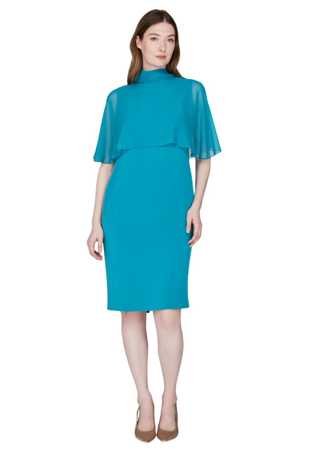 turquoise knee length dresses Silk Dress w/ Chiffon High Neck Capelet in – Carl Meyers MerchCategory1:SS26 RTW