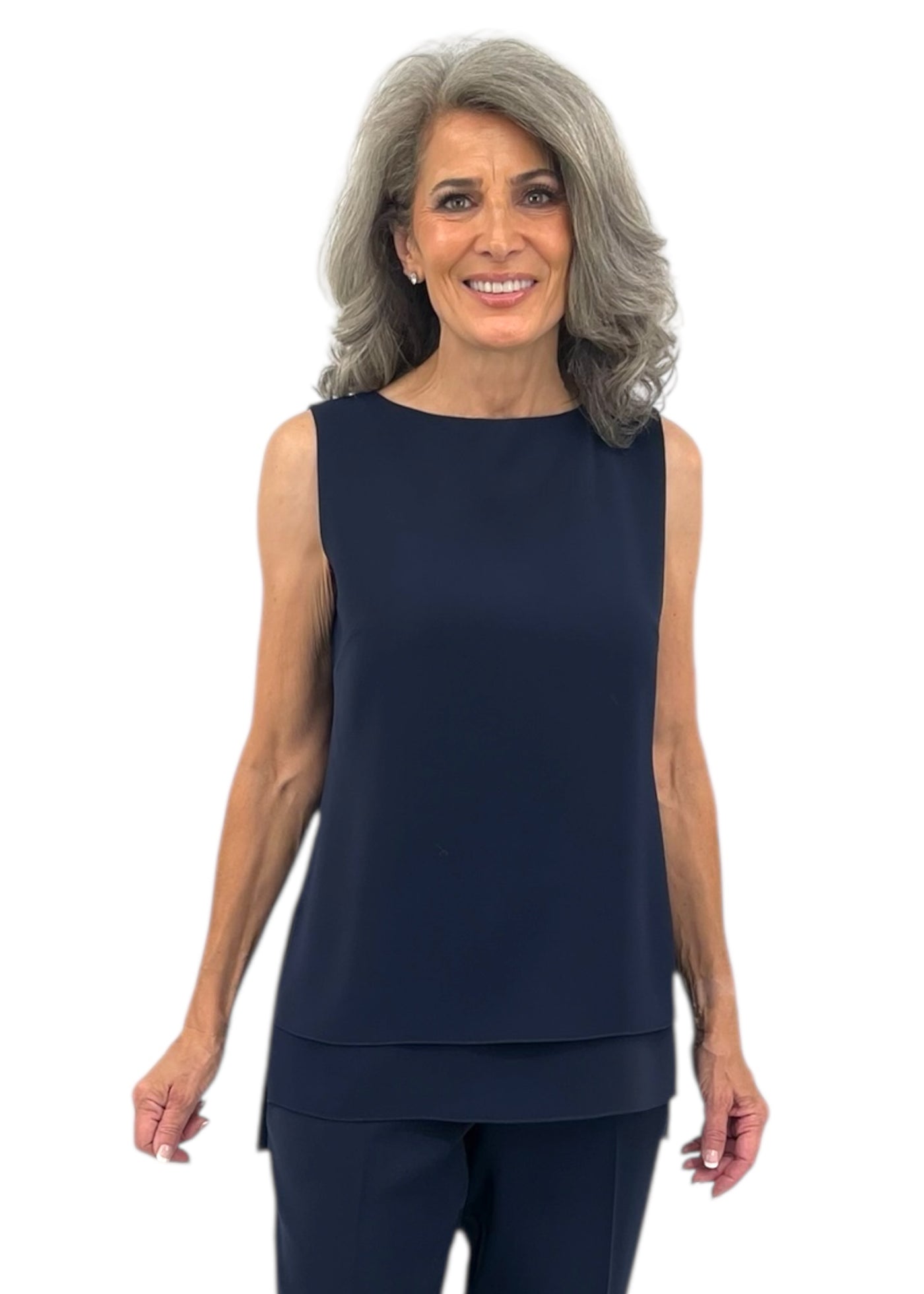 Lustrous Crepe Double Layer Crew Neck Tank in Midnight