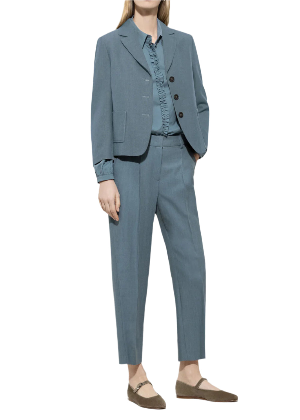 Tapered Trousers with Panama Binding in Greyish Blue