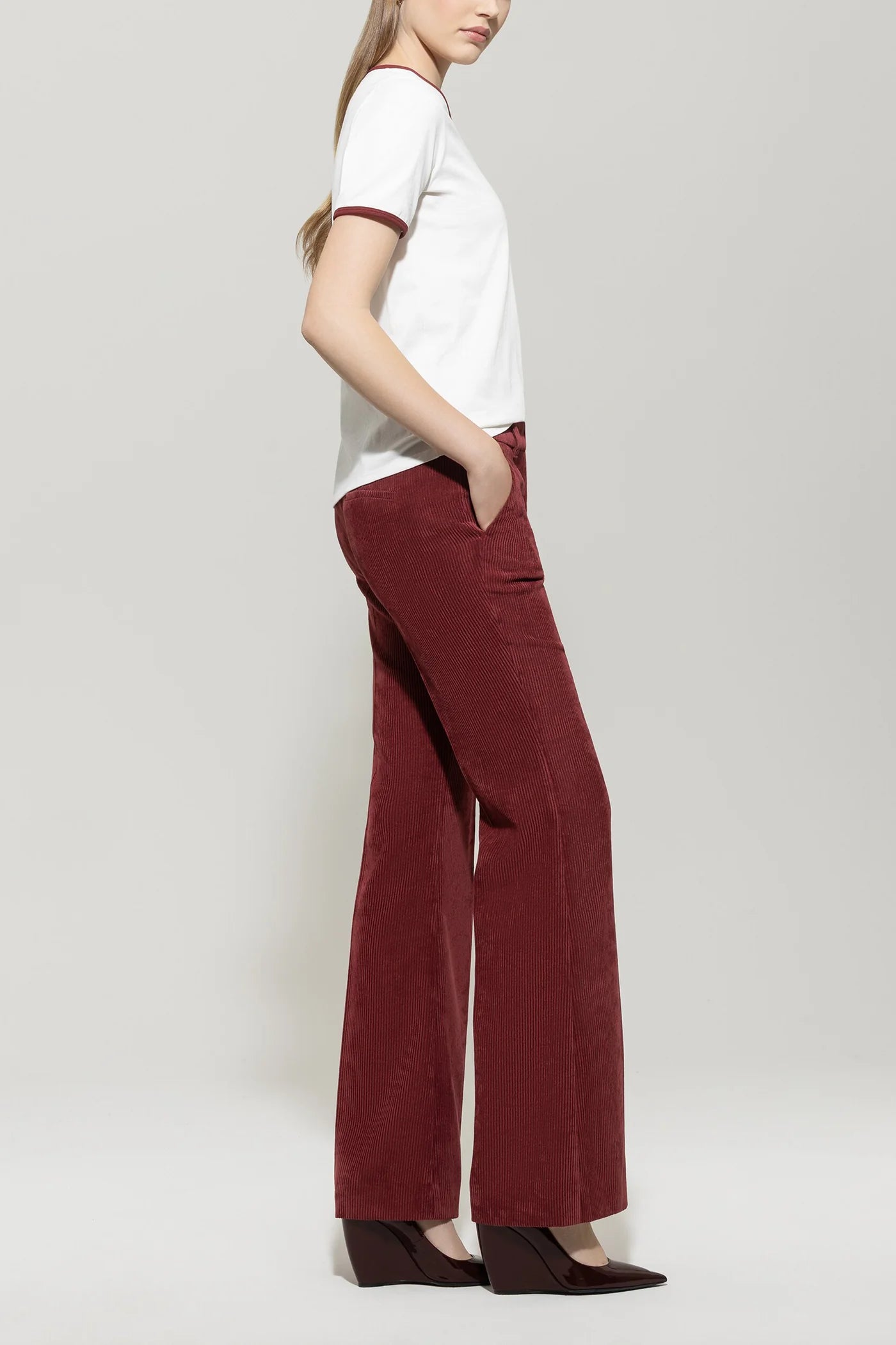 Corduroy Flared Pants in Berry Red