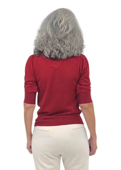 Fine Merino Blend Sweater with Ruched Sleeve in Cherry Red
